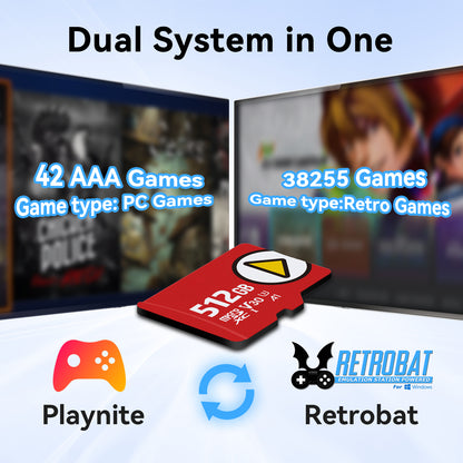 512G Game Card with 38255 Games & 42 PC Games, Retrobat/Playnite 2 Game Systems Plug and Play for Ally/OneXPlayer/Ayaneo, Compatible with PS1/2/3/N64/Wii